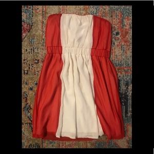 Reddish Orange and White Strapless Dress